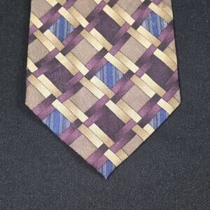 Mezzano Men's Purple Gold Blue Silk Tie Geometric Pattern